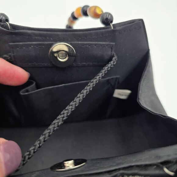 Beaded Handle Black Evening Bag With Floral Embellishments - Picture 6 of 8